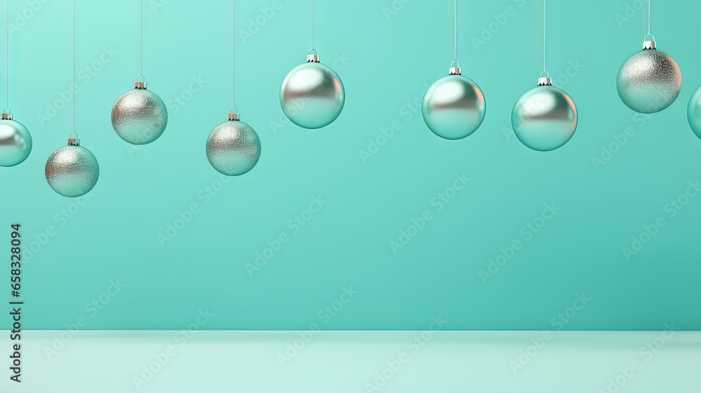 a group of silver christmas ornaments hanging from a line on a turquoise background. generative ai a group of silver christmas ornaments hanging from a line on a turquoise background. generative ai