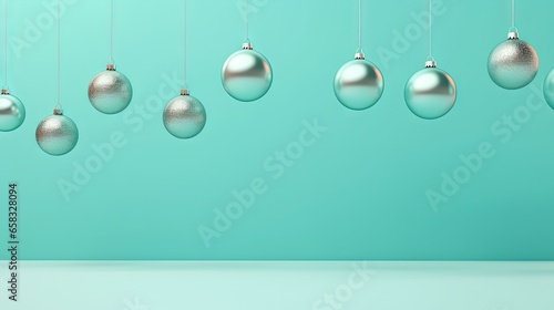  a group of silver christmas ornaments hanging from a line on a turquoise background. generative ai