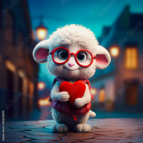 An elegant little white woolly sheep, with a red heart and stylish black sunglasses, stands in the heart of the city as a symbol of love for Valentine's Day. © mimi
