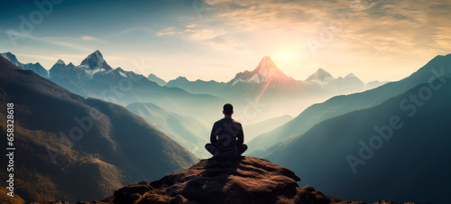 Male traveler finds relaxation and practices meditation while enjoying view of mountains landscape. travel lifestyle, hiking concept photo