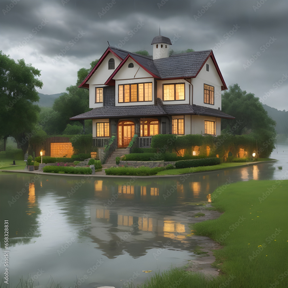 A very beautiful house in nature view with a romantic weather