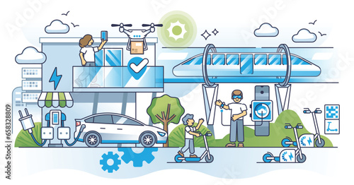 Age of sustainable transport with effective infrastructure outline concept. Smart city with innovative technologies and electric public transportation vector illustration. Futuristic green delivery.