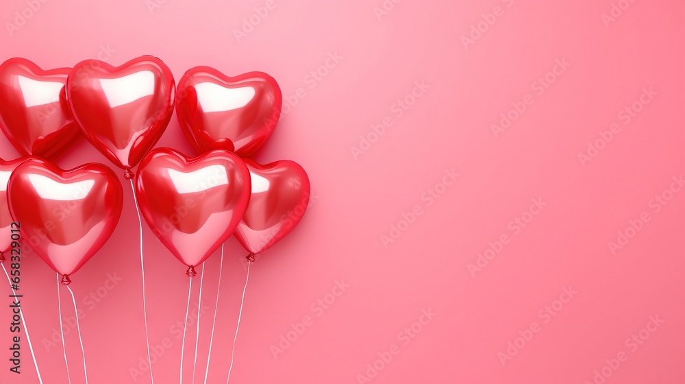  a bunch of red heart balloons on a pink background with a string.  generative ai