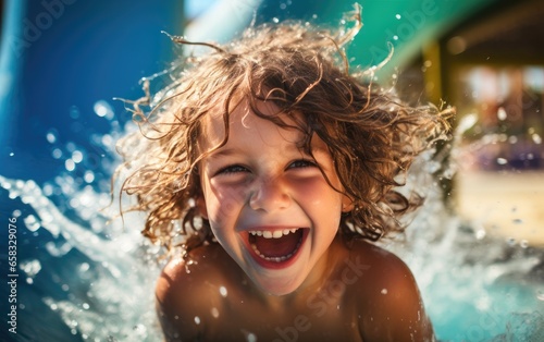 A happy child is riding the...