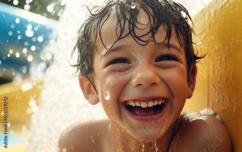 A happy child is riding the...