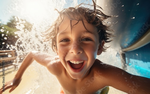 A happy child is riding the slide in a water park