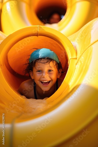 A happy child is riding the...