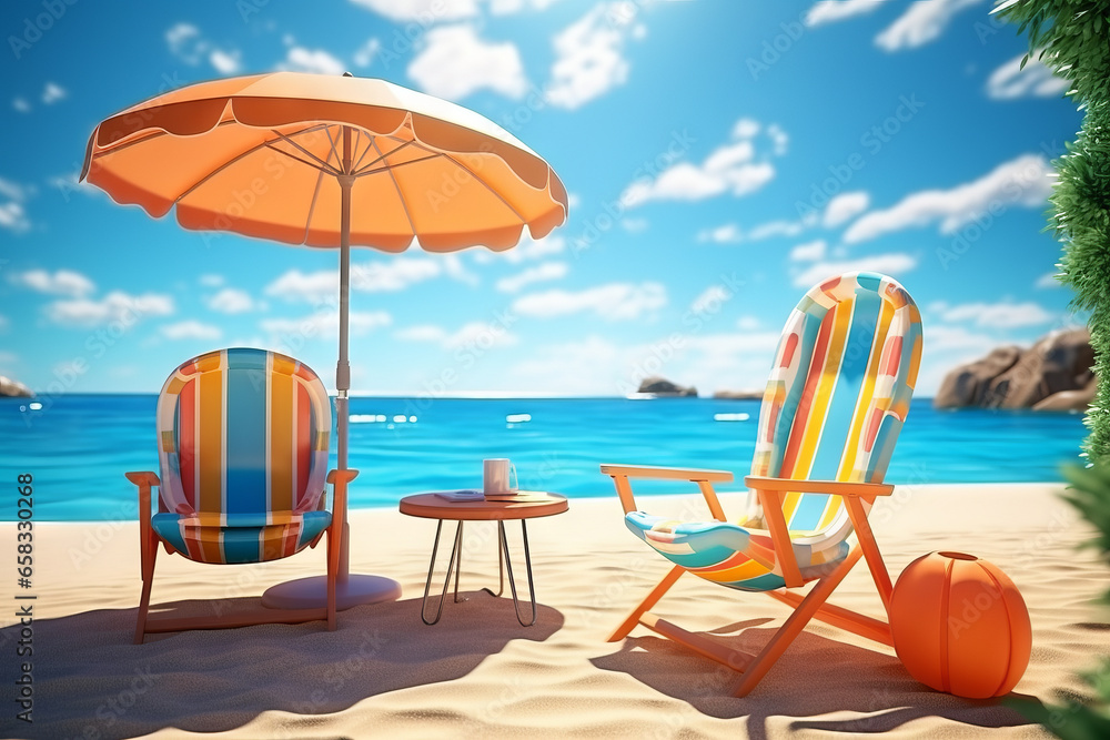 Sun Umbrella and Beach Chair Your Perfect Seaside Escape. Generative AI