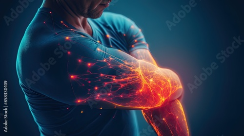3d Illustration of men feeling pain in the elbow. photo