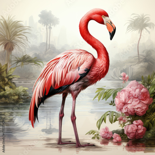 Pink flamingo in the water  in a swamp on a hazy day
