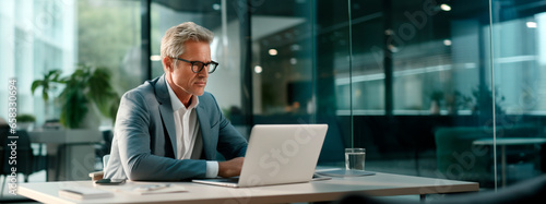 Businessman using laptop computer in office space, happy middle aged man boss, entrepreneur, business owner working online on big workplace photo