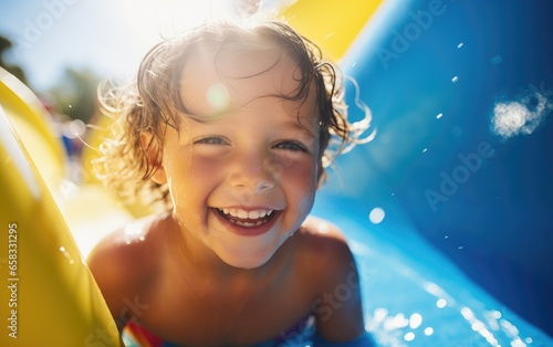 A happy child is riding the...