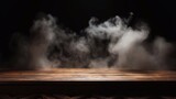 A picture of Wooden table in front of a dark background with smoke and fog Generative AI