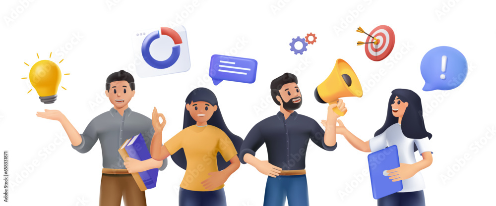 3D business team members are standing with confident faces. Business icons are floating above their heads. 3D vector 3D business team members are standing with confident faces. Business icons are floating above their heads. 3D vector