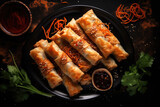 Crispy golden Spring rolls on a plate close up. Asian cuisine.