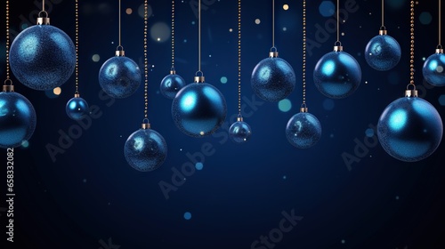  blue christmas balls hanging from a string on a dark blue background. generative ai