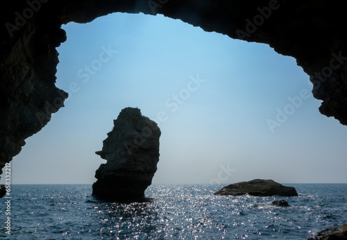 View of the rocks from a stone arch in the sea near the village of Tyulenovo, Bulgaria