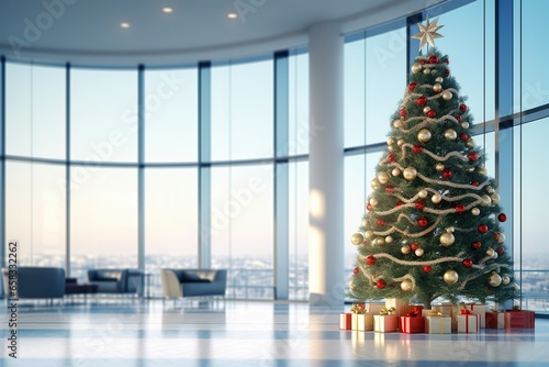 Expansive office lobby adorned with a beautifully decorated Christmas tree, surrounded by panoramic windows that amplify the festive ambiance photo