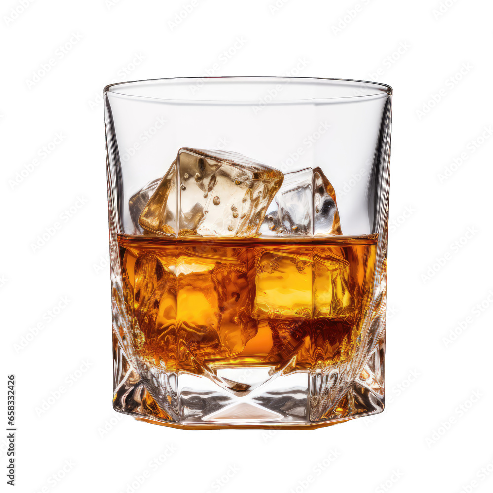 Glass of whiskey with ice isolated on transparent and white background. Png transparent