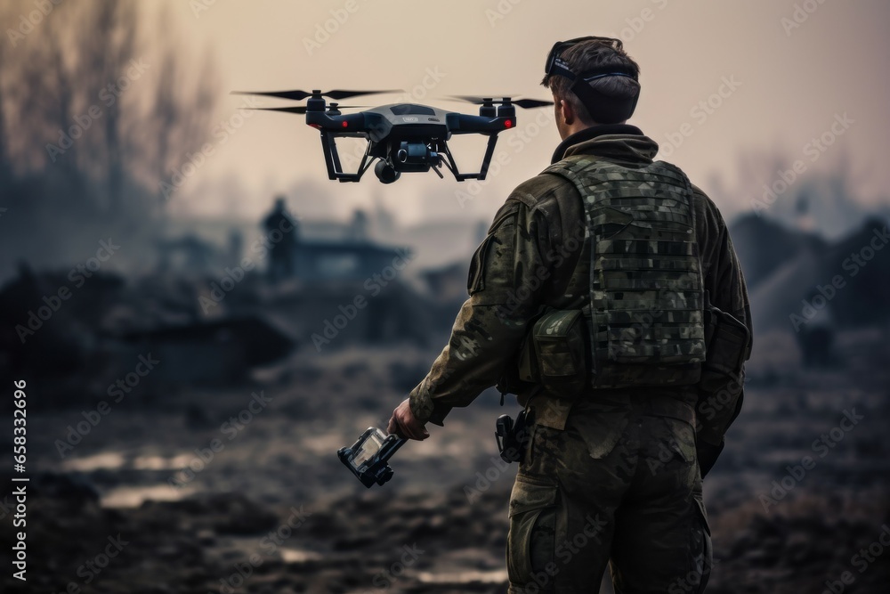 Military drone operator. Background with selective focus and copy space Military drone operator. Background with selective focus and copy space