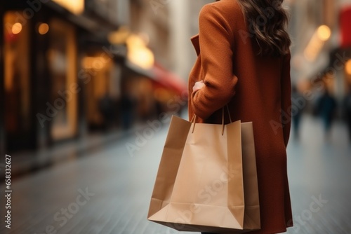 Woman shopping in a mall. Background with selective focus and copy space