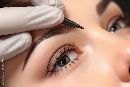 Permanent makeup or eyebrow tattoo. Background with selective focus and copy space photo