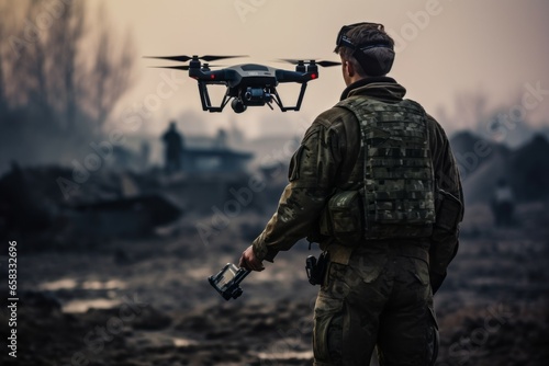 Military drone operator. Background with selective focus and copy space