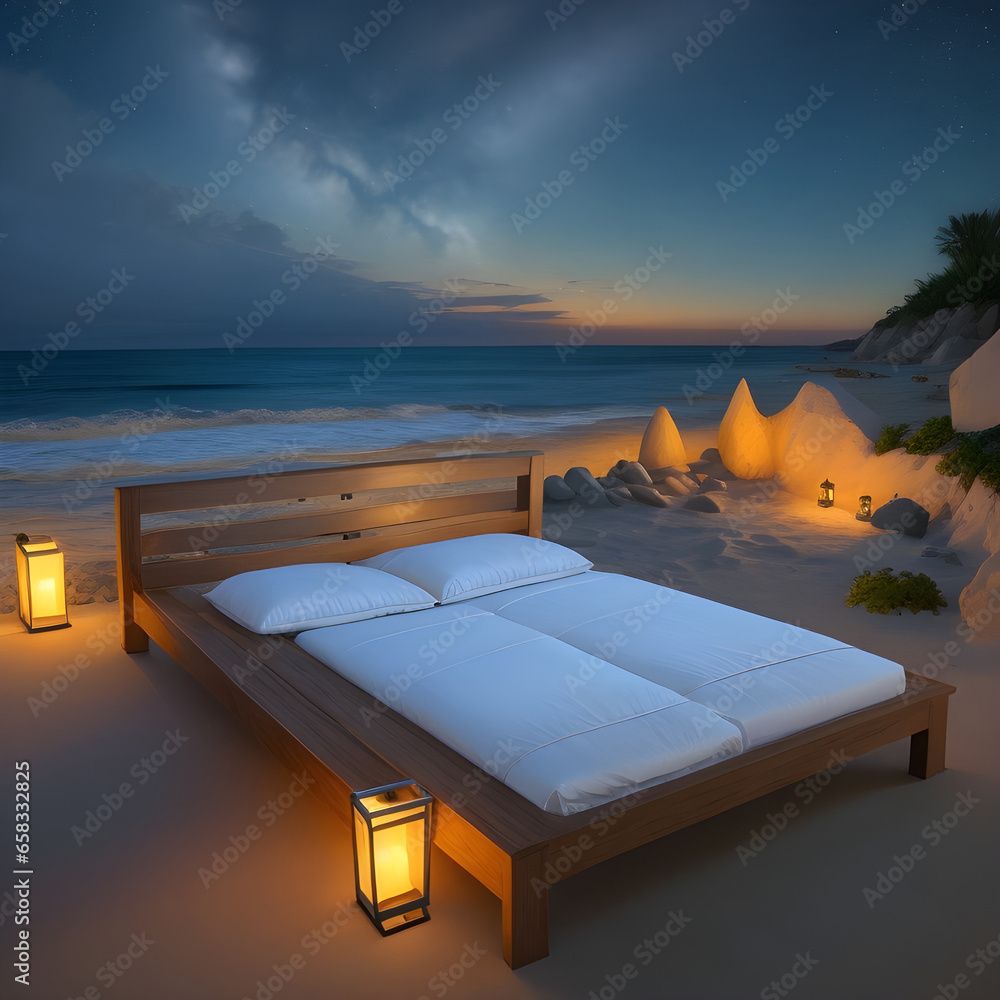 A beautidul romantic night view  a bed decoration with small light