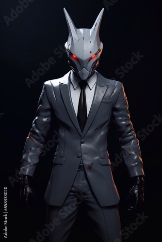 Funny and futuristic man in a suit and mask on a dark background. Generative AI
