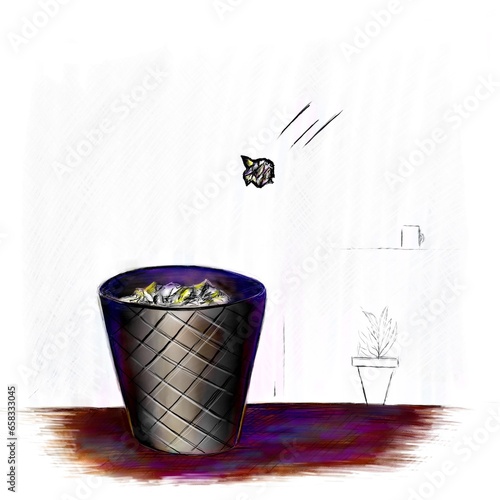 Paper waste bin with crumpled paper falling into it