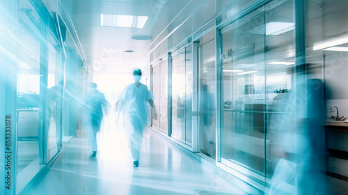Blurred, abstract, and defocused technology space background medical and hospital corridor ambiance, with working doctors and nurses