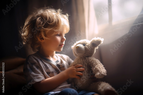 Little child boy playing with plush teddy bear