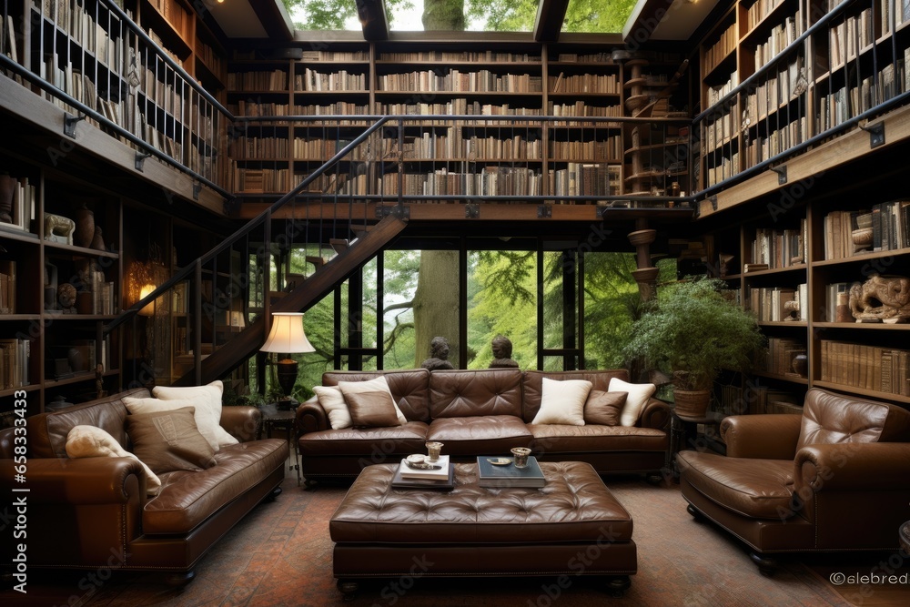 Luxury living room interior with leather sofa, bookshelf and library, beautiful home library, AI Generated