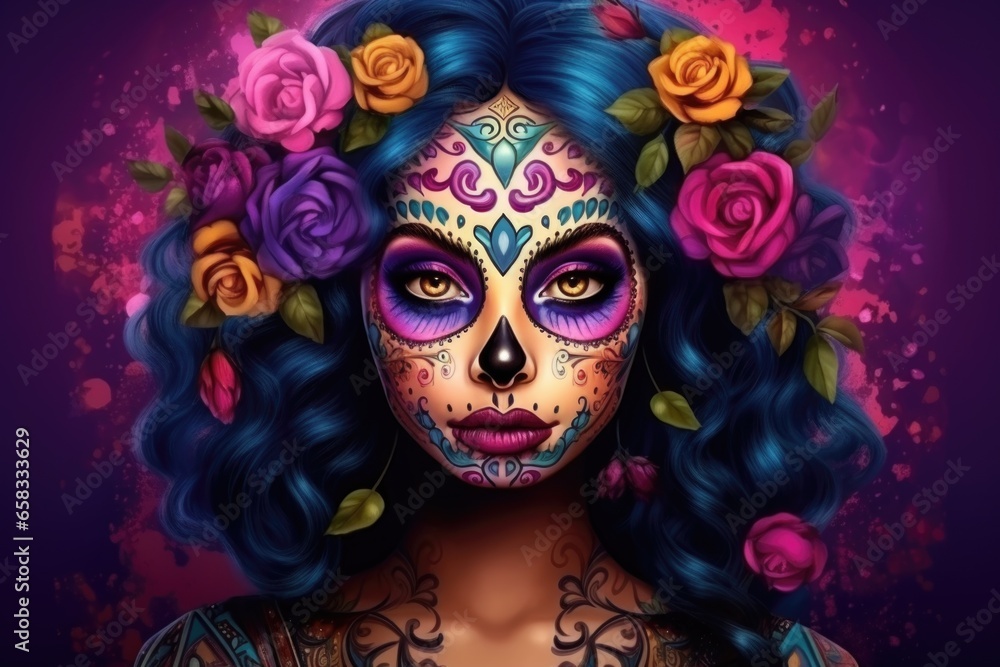 A woman's face in close-up. Makeup for the Day of the dead. A woman's face in close-up. Makeup for the Day of the dead.