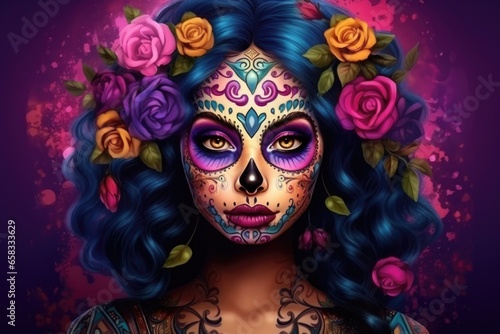 A woman's face in close-up. Makeup for the Day of the dead.