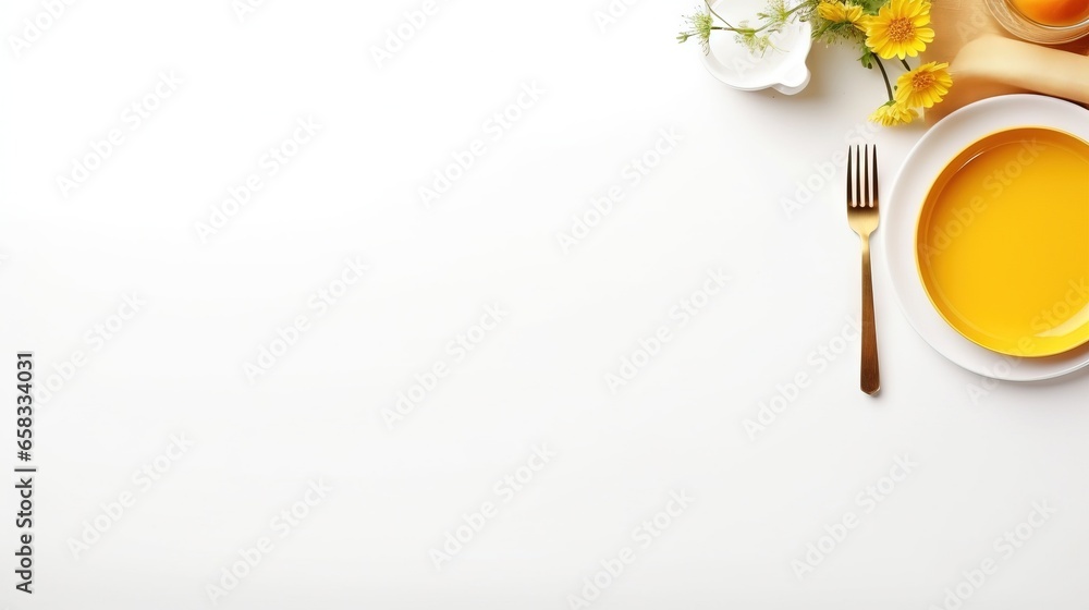 a white table topped with a bowl of orange juice and a plate of food. generative ai a white table topped with a bowl of orange juice and a plate of food. generative ai