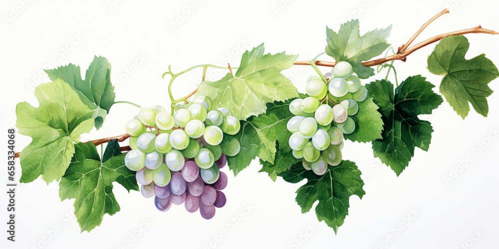 Obraz premium Watercolour Collection { No1 } Homegrown Grape Wine Products Made at Eco Sustainable Farm: Red Pink, White, Green, Grapes, Cheese, Grapes in Hands, Glass of Wine, Leaves, Grapes in Basket, Vineyard.