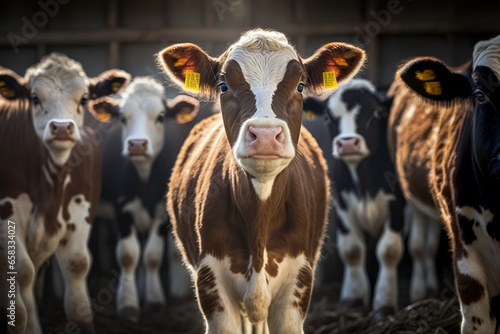 Portrait of a cute brown calf cow puppy in the middle of the herd. photo