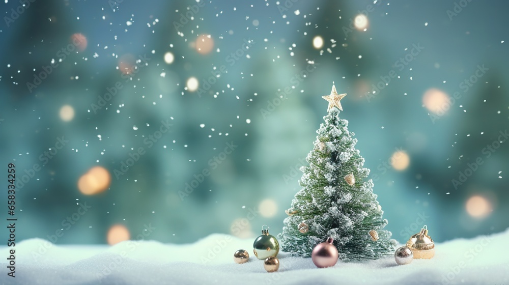  a small christmas tree in the snow with a star on top.  generative ai