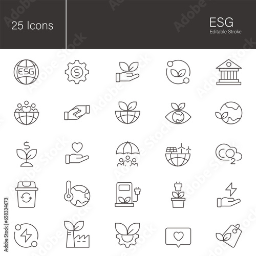 ESG, Environmental, Social, and Governance line icon set. 25 editable stroke vector graphic elements, stock illustration Icon, Business, Sustainable Lifestyle, Fuel and Power Generation