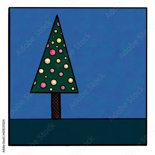 Christmas tree with black lines and watercolor coloring 