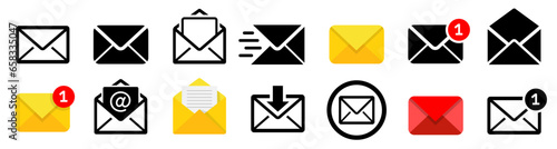 Email icon set. Different email sign. Set of envelopes icons with a picture of a closed letter. Paper document enclosed in an envelope. E-mail icon. Vector illustration.