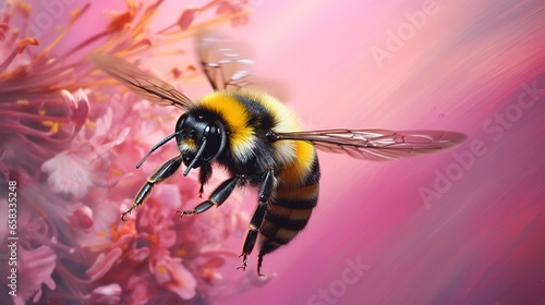  a bee flying over a pink flower with a blurry background.  generative ai © Nadia