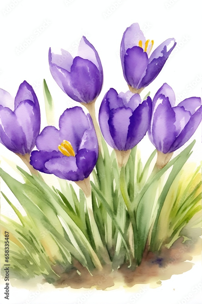 Spring meadow crocuses flowers. AI generated illustration Spring meadow crocuses flowers. AI generated illustration