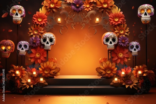 The stage is a podium for advertising products for the day of the dead. Marigolds, flowers, candles, skulls, skeletons.