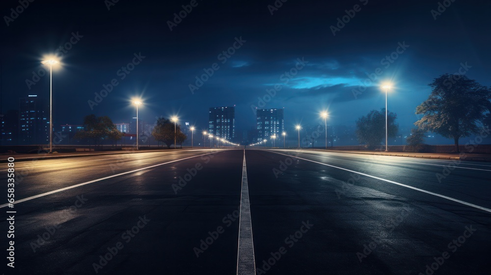 wide road with street lights at night