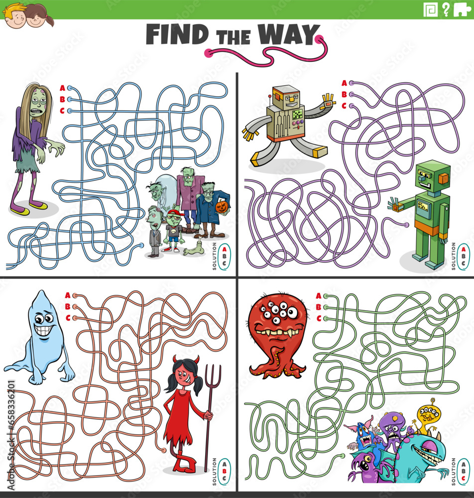 maze activities set with cartoon fantasy characters