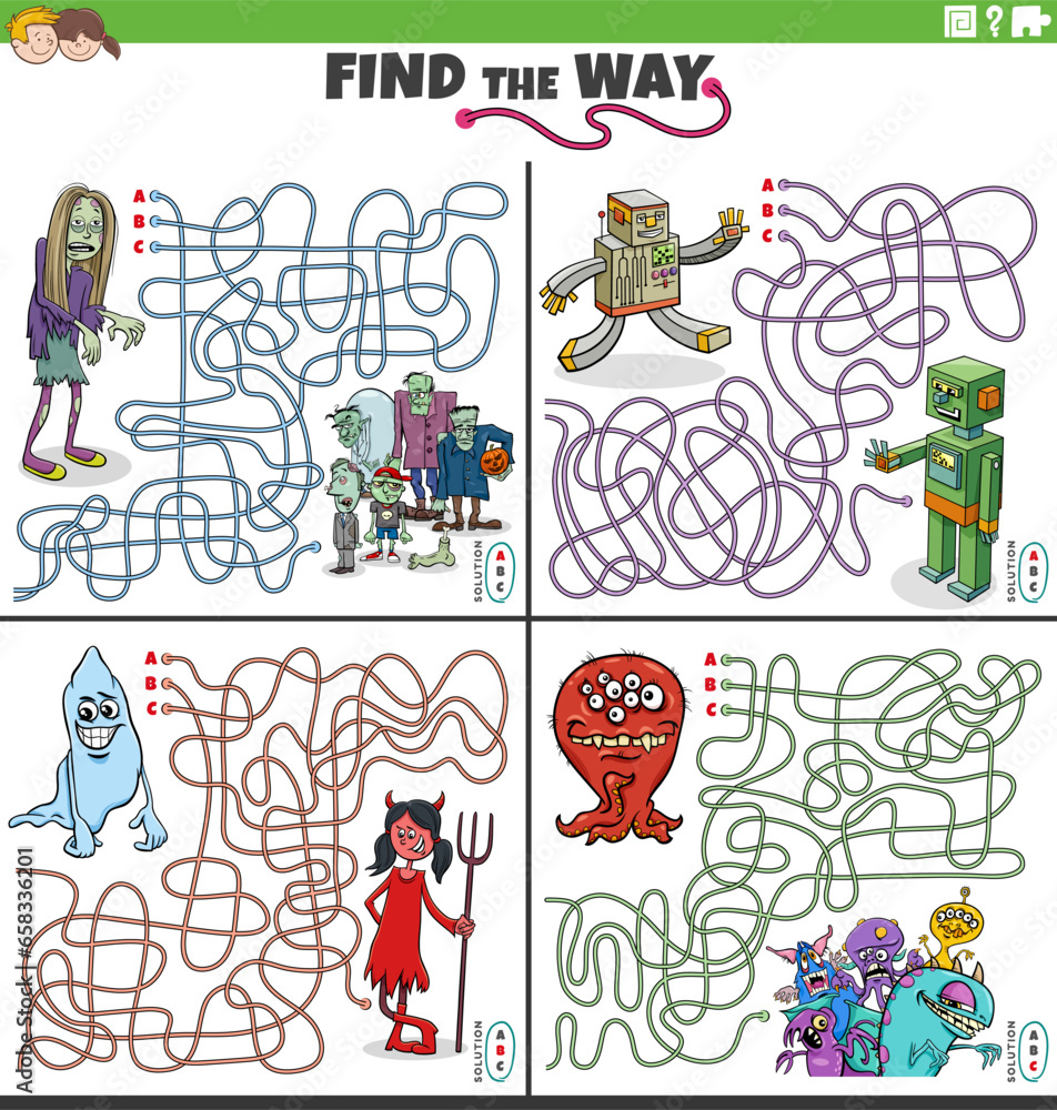 maze activities set with cartoon fantasy characters maze activities set with cartoon fantasy characters