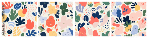 Abstract nature flower plant leaf art seamless pattern set with colorful doodle shape. Organic leaves cartoon background collection, simple floral shapes in modern pastel colors. 