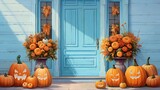  a painting of pumpkins and flowers in front of a blue door.  generative ai
